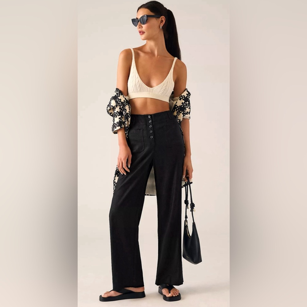 NWT Anthropologie High-Rise Button-Front Black Wide-Leg Pants